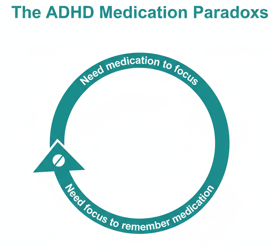 The ADHD medication paradox - a circular loop showing you need medication to focus but need focus to remember medication
