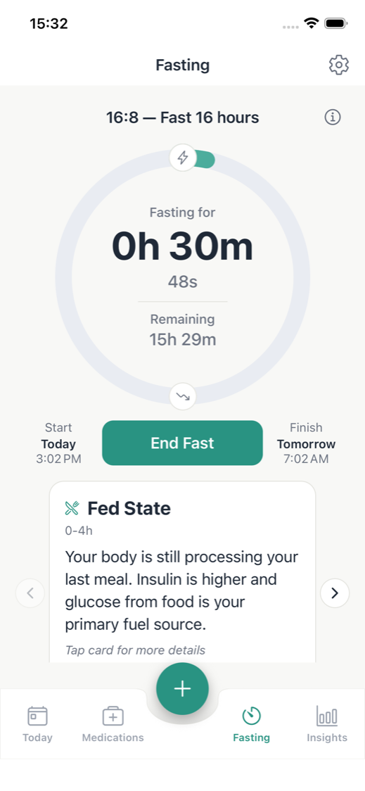 Wellnest fasting timer screen showing active intermittent fast