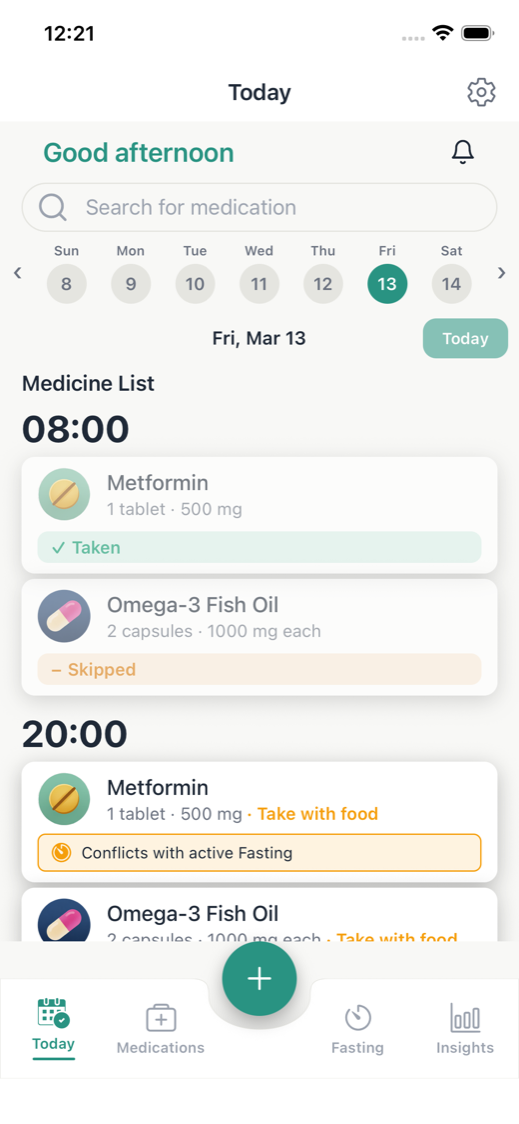 Wellnest Today screen showing confirmed medication doses